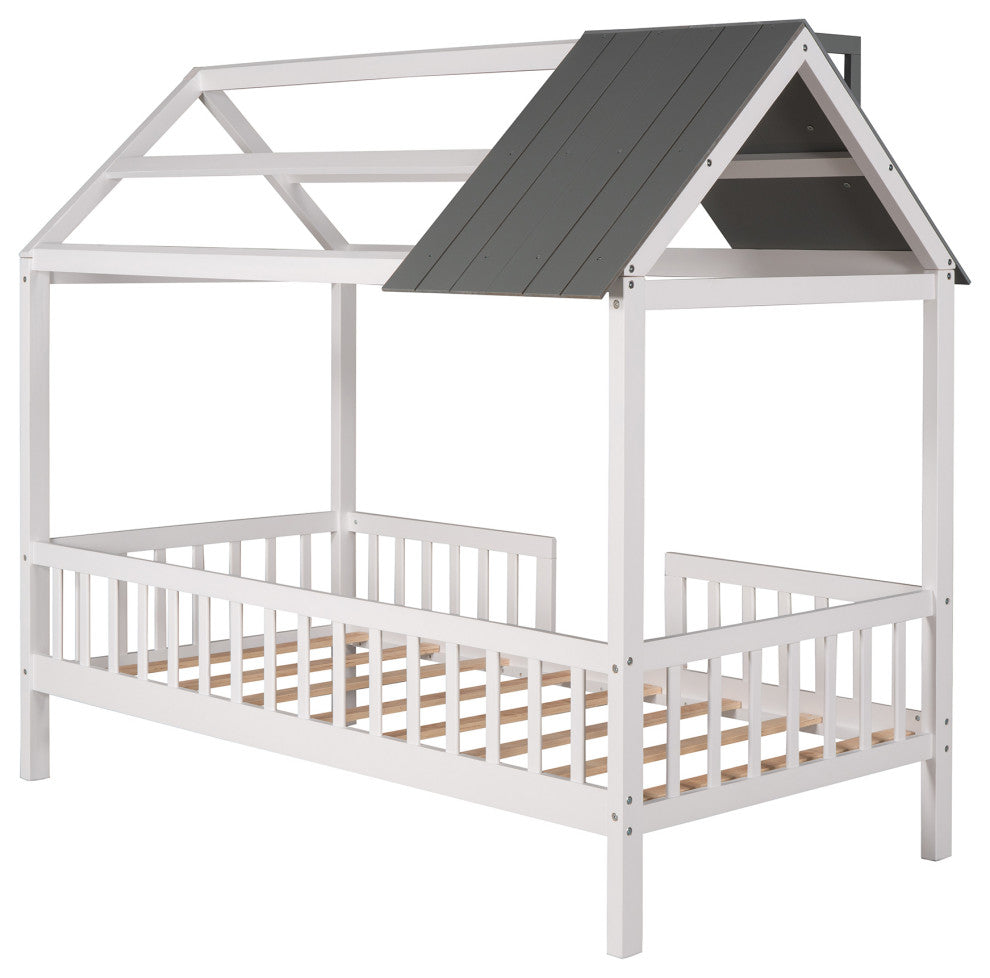 Gewnee Wood Twin Size House Bed with Fence and Roof,Gray/White