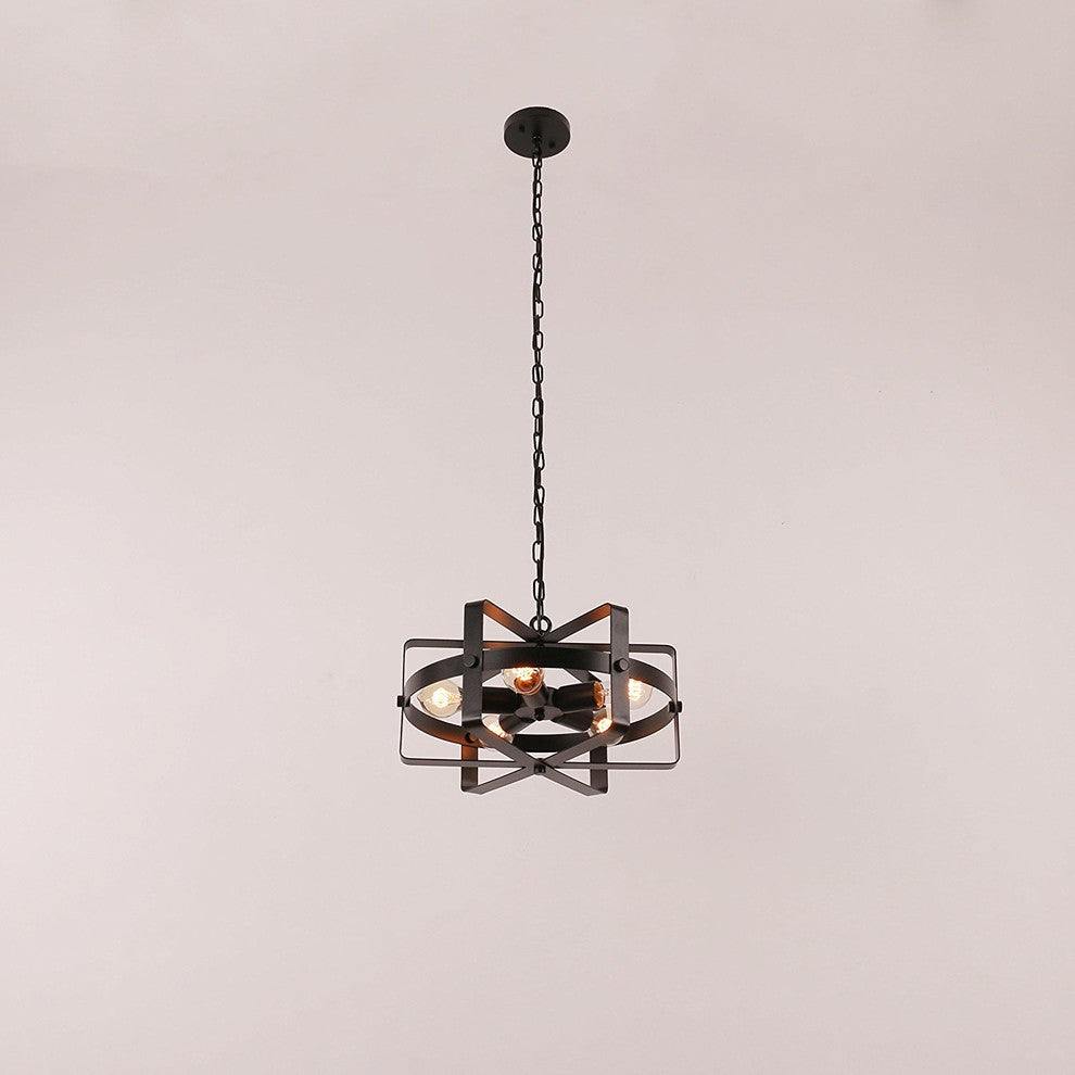 Drum Shape Round Metal Pendant with 5 Bulb Sockets, Antique Black