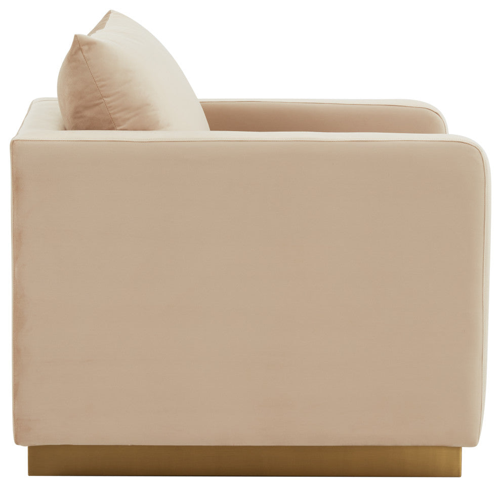 LeisureMod Nervo Modern Velvet Accent Arm Chair With Gold Base, Beige