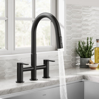 KRAUS Oletto 2-Function Pulldown 3-Hole Bridge Kitchen Faucet, Matte Black
