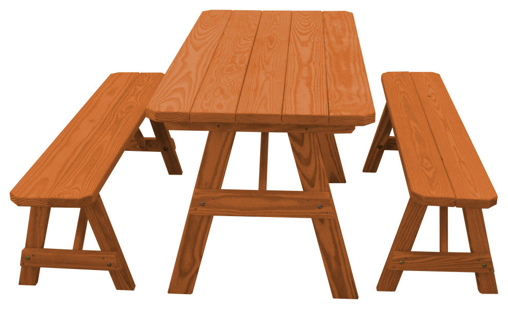 Pine Traditional Table With 2 Benches, Redwood Stain, 5 Foot, 2 Benches
