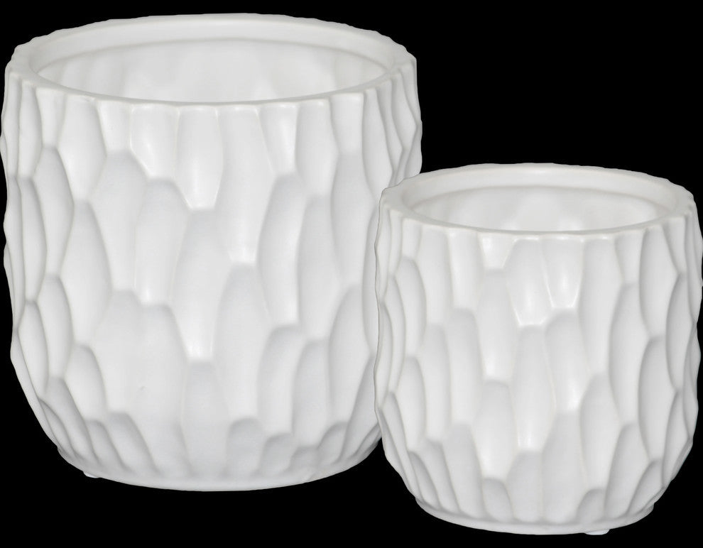 Cylindrical Pots, Wide Mouth and Embossed Rectangle Design Body, 2-Piece, White