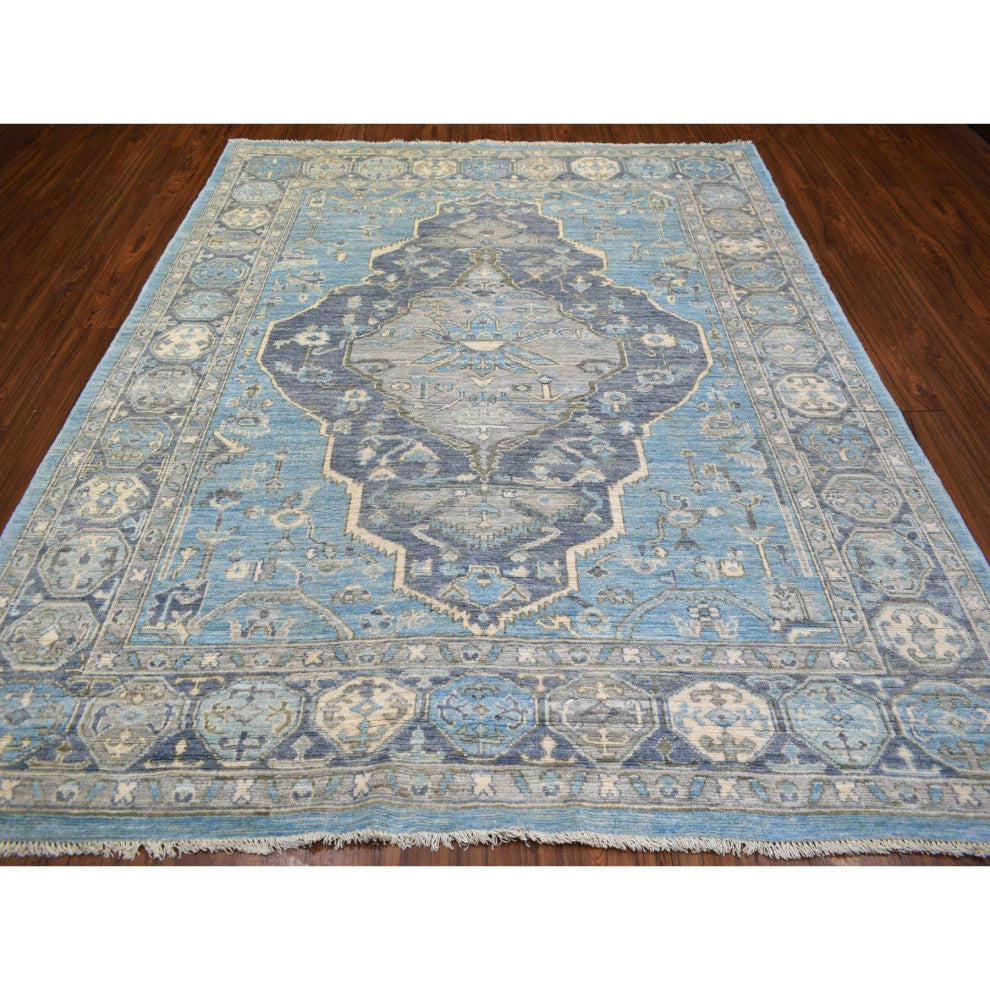 Light Blue, Hand Knotted Anatolian Village Inspired Wool Rug, 8'0"x9'6"