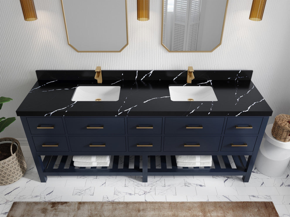 Parker 84" Double Sink Bath Vanity, Navy Blue 2" Calacatta Black