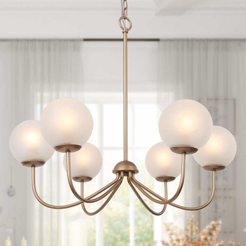 LALUZ 6-Light 27" Gold and Frosted Glass Mid Century Globe Chandelier