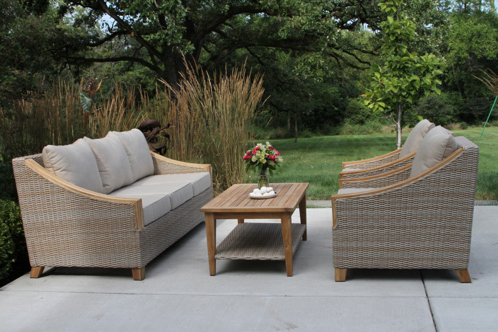 Ash Wicker And Teak 3-Piece Sofa Set With Sunbrella Fabrics