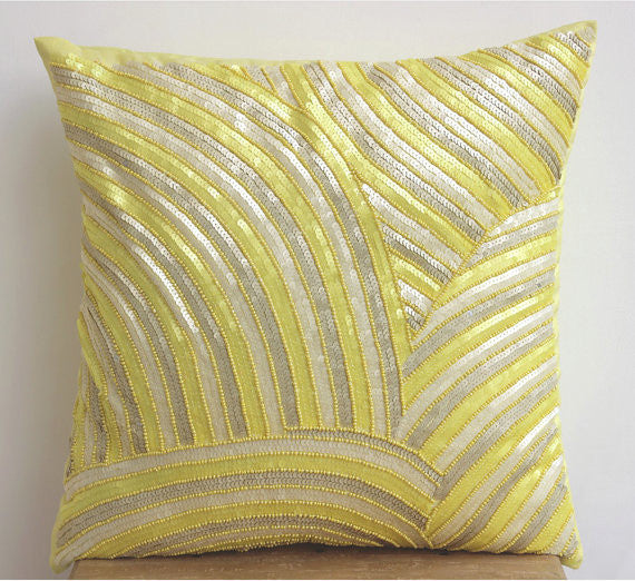 Yellow Accent Pillows 20"x20" Throw Pillow Cover, Art Silk, Pearly Yellow