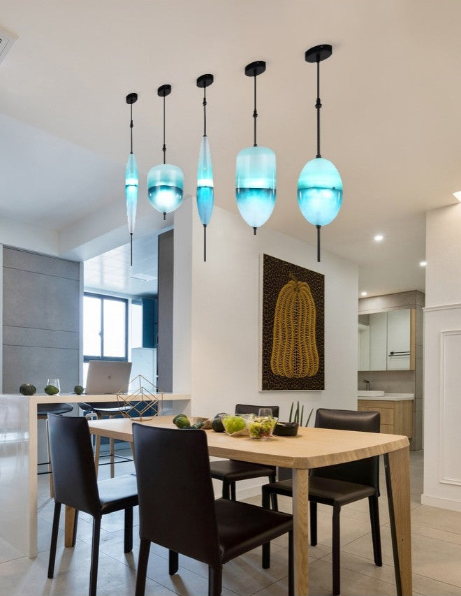 Blue/White Drop-shaped Glass LED Hanging Lamp for Kitchen Island, Blue, D