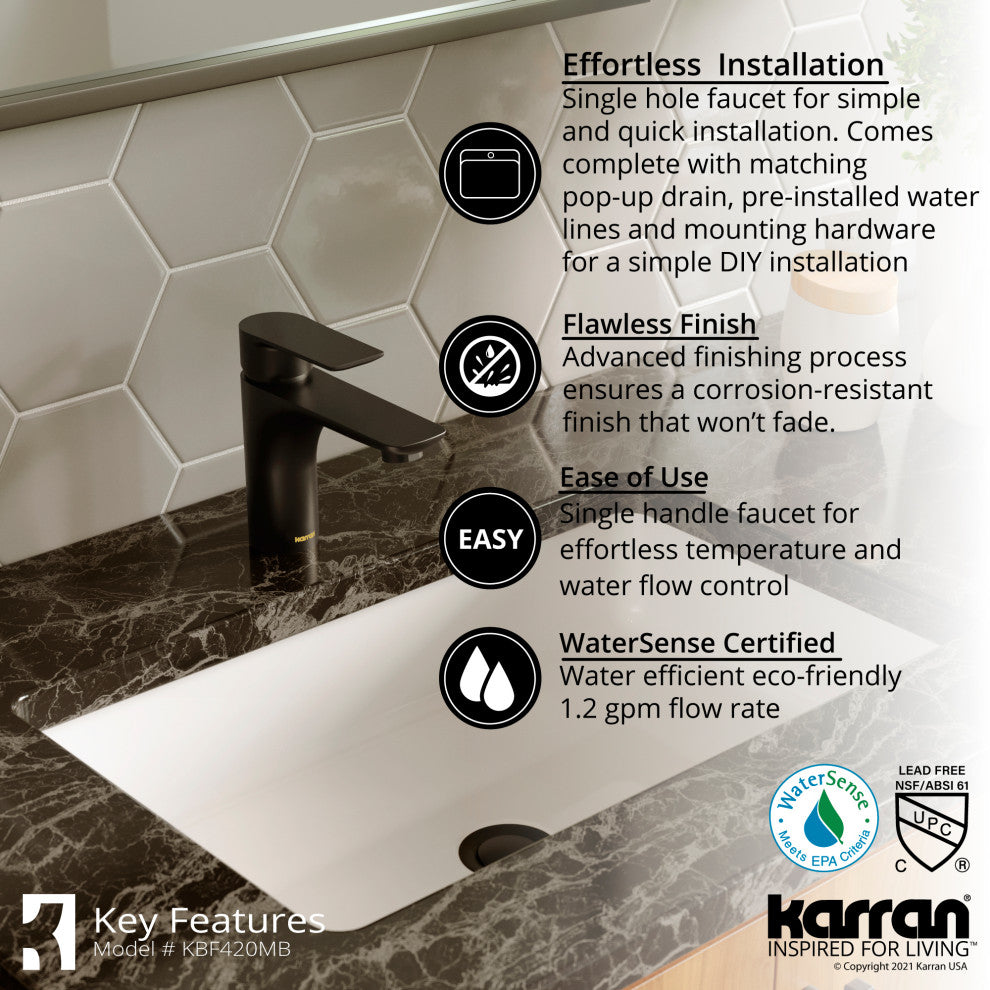 Karran KBF420 1-Hole 1-Handle Basin Faucet With Pop-up Drain, Matte Black