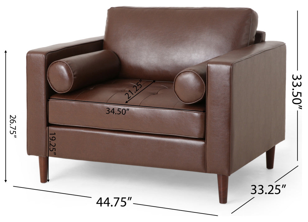 Hixon Faux Leather Tufted 3 Piece Sofa and Club Chair Set, Dark Brown + Espresso