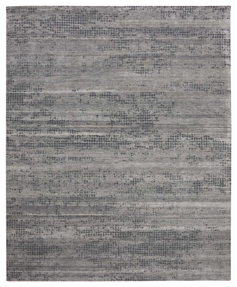 Black and Gray Modern Design Zero Pile Pure Silk Hand Knotted Rug, 8'0"x10'1"