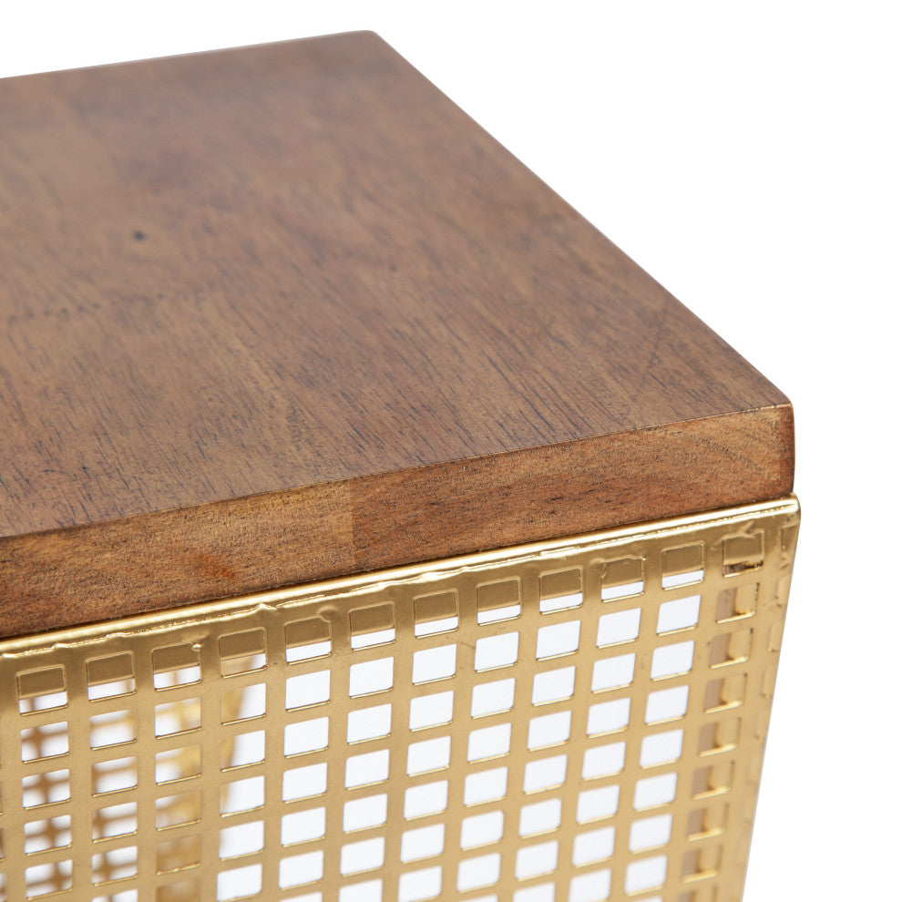 Elita Wood and Metal Pedestal End Table, Rustic Brown/Satin Gold 10x10x30