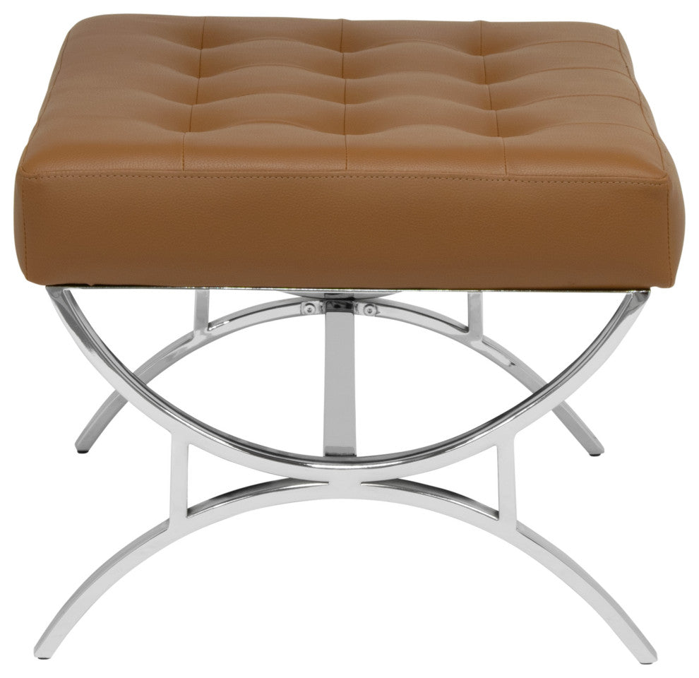 Newel Modern Square Ottoman Blended Leather and Chrome Metal Frame Caramel