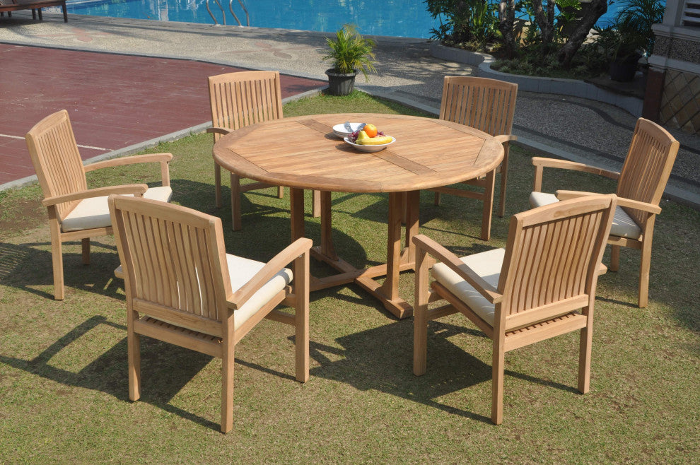 7-Piece Outdoor Teak Dining Set: 60" Round Table, 6 Wave Stacking Arm Chairs