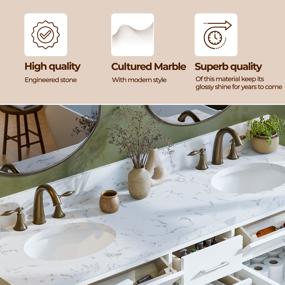 Caroline 72" Double Bath Vanity With Cultured Marble Quartz Top, White