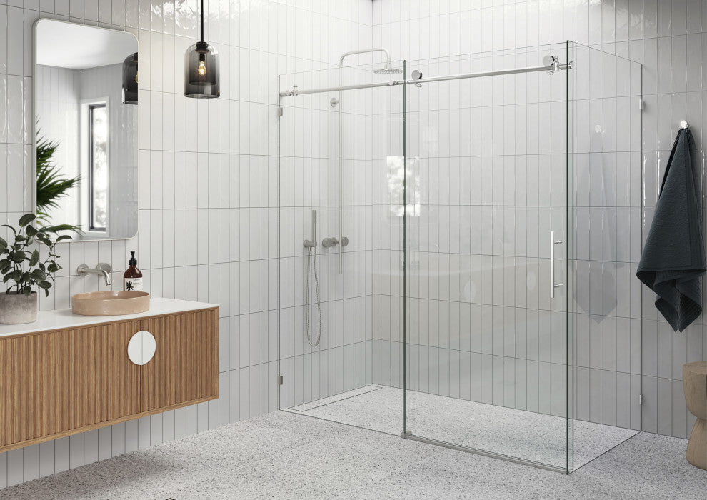64"-68"x36"x78" Frameless Sliding Shower Door With Return Panel, Brushed Nickel