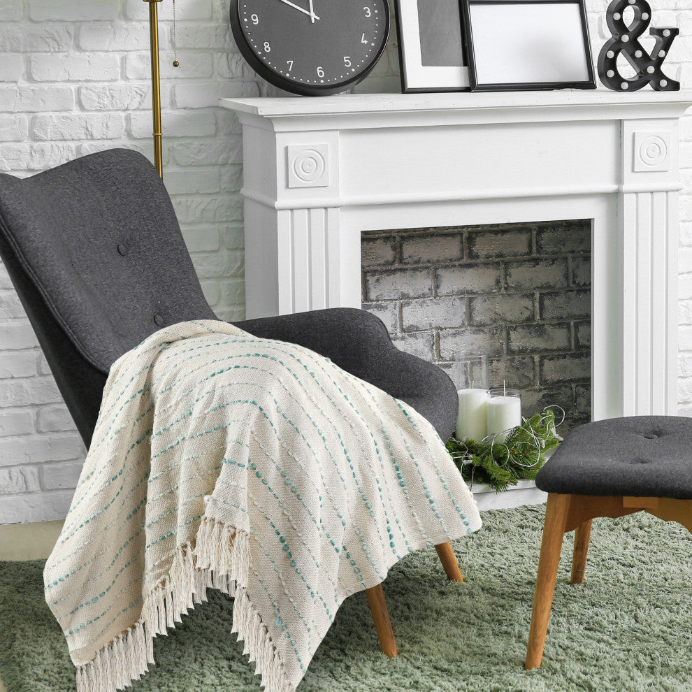 Shimmer Stripe Woven Throw Blanket with Fringe, Teal