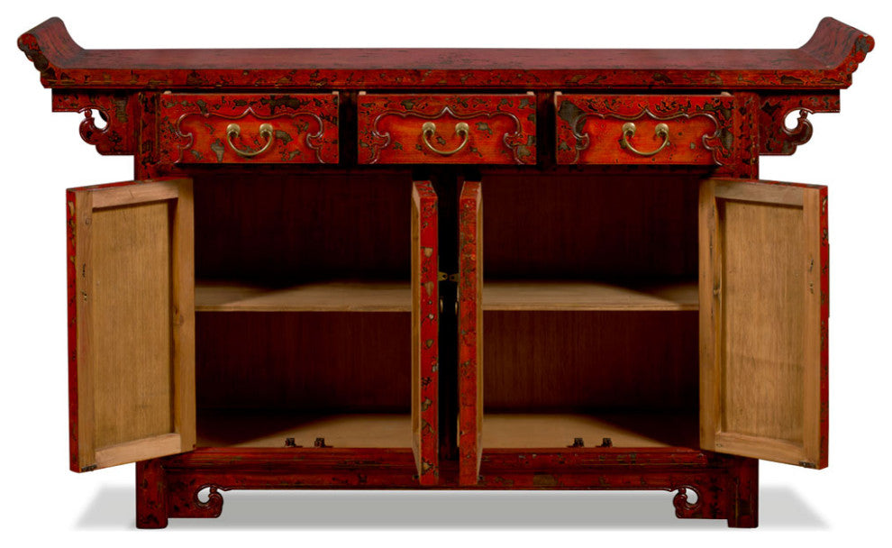 Vintage Elmwood Distressed Orange Red Altar Style Oriental Sideboard