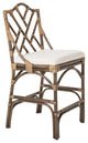 Chippendale Rattan Counter Stool, Antique Brown and Off-White Upholstery