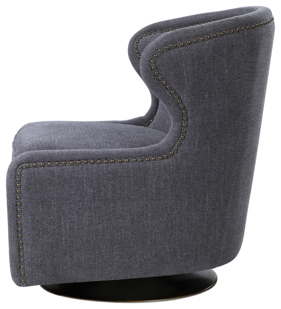 Modern Charcoal Gray Wing Back Accent Chair Swivel Mid Century Plush Herringbone