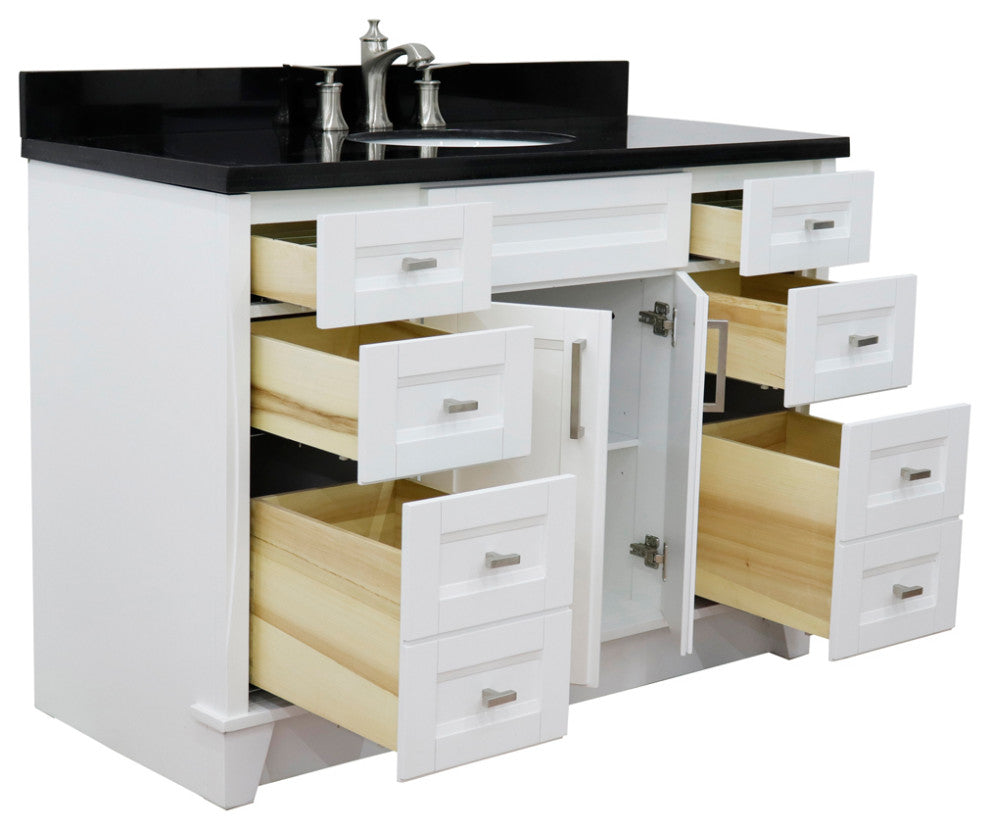 49" Single Sink Vanity, White Finish With Black Galaxy Granite And Oval Sink