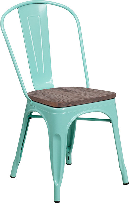 Mint Green Metal Stackable Chair With Wood Seat