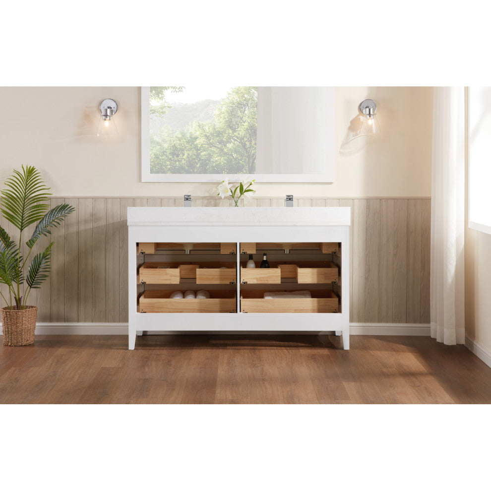 Vanity With Mirror, Sconce and Faucet Included, White, 60"