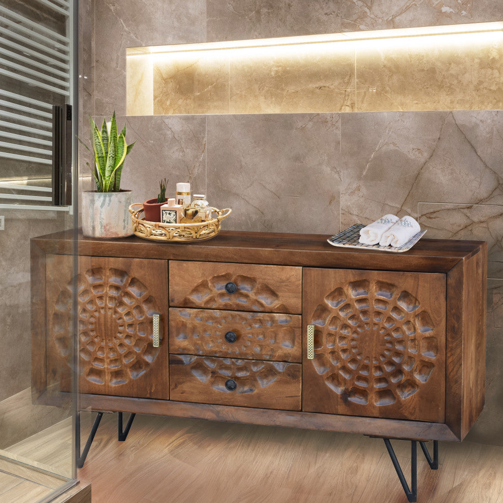 Salta Recycled Mango Wood Bathroom Linen Cabinet With 2 Doors/3 Drawers