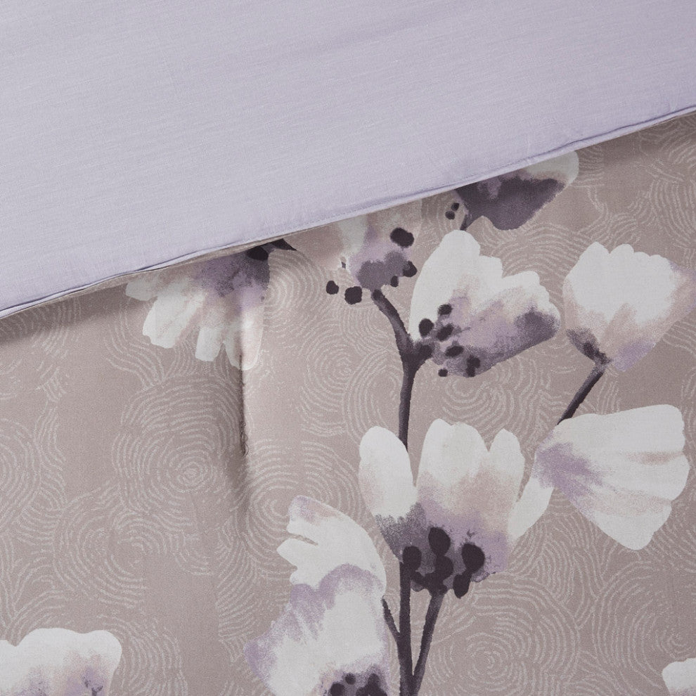 N Natori Sakura Blossom 3 Piece Cotton Sateen Printed Comforter Set, Lilac