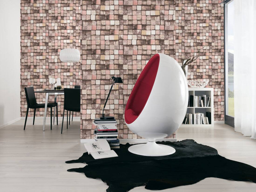 Faux Textured Wallpaper, Wood Mozaic, Brown Cream Pink, Sample
