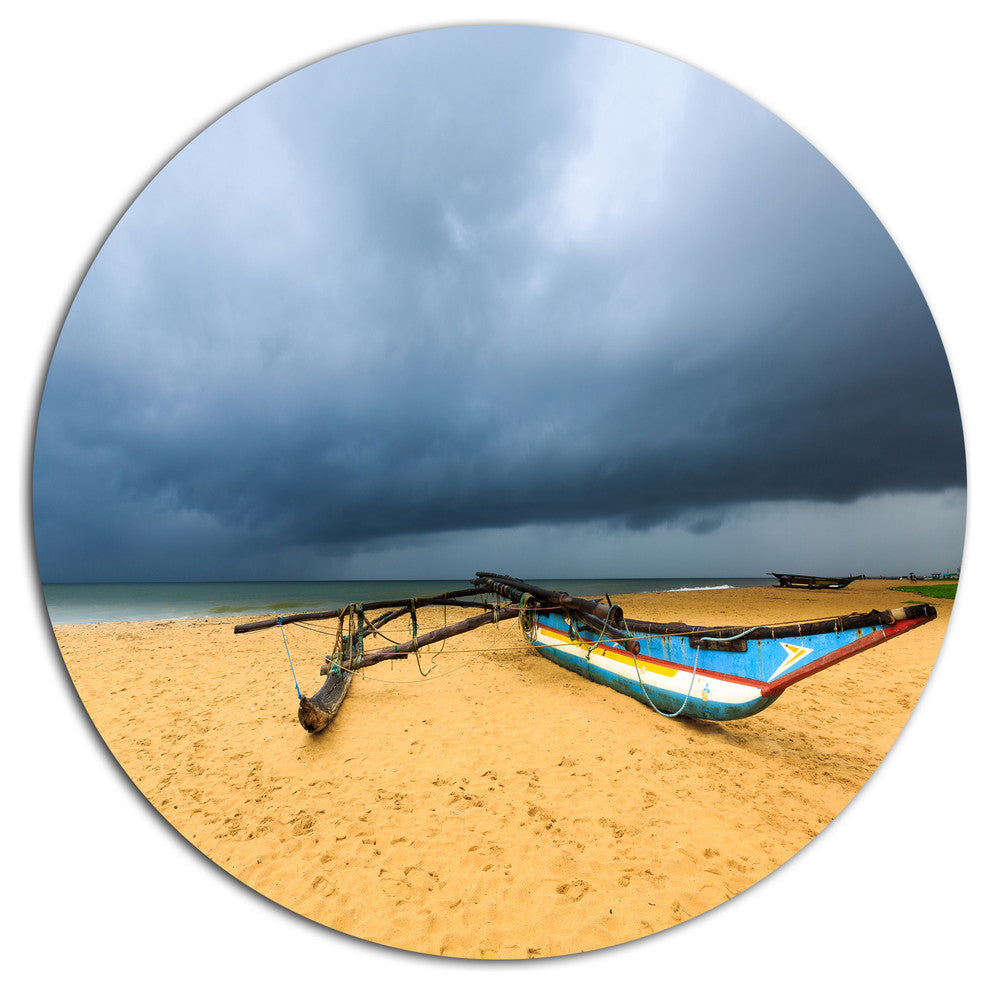 Beach With Dark Clouds Above Ocean, Seashore Round Metal Wall Art, 23"