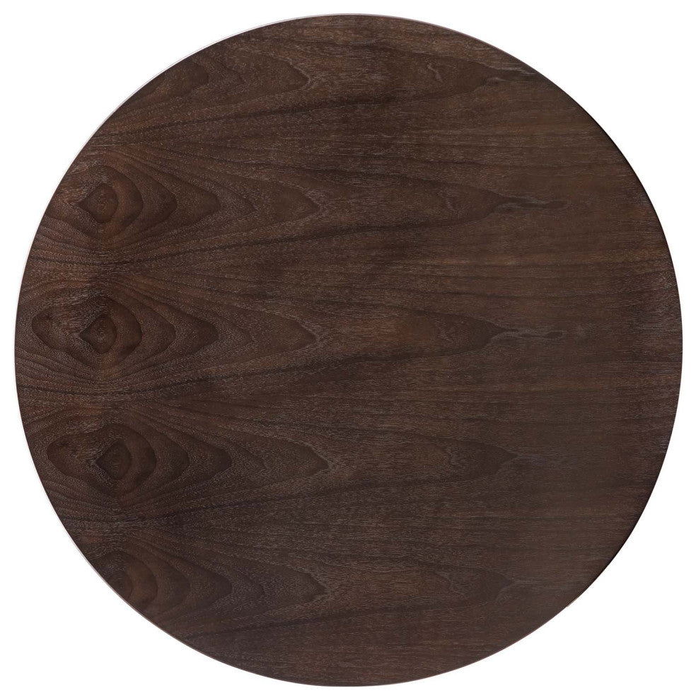 Dining Table, Round, Wood, Metal, Gold Dark Brown Brown Walnut, Modern, Bistro