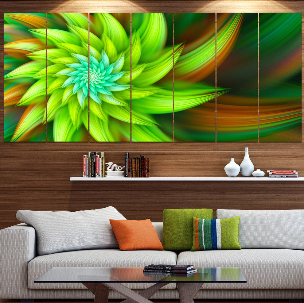 Huge Clear Green Fractal Flower, Floral Canvas Art Print, 83"x32", 7 Panels