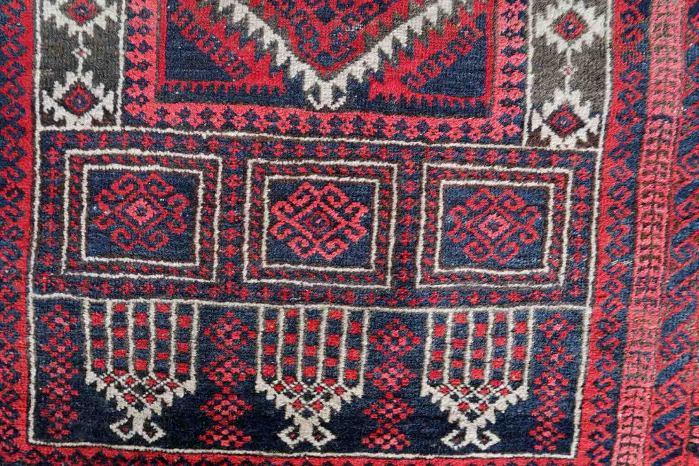 Handmade Vintage Afghan Baluch Prayer Rug 3'x4.9', 94cmx152cm 1940s