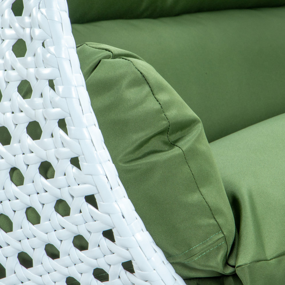 2 Person White Wicker Double Hanging Egg Swing Chair, Dark Green