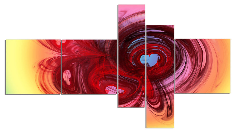 Waves Around the Hearts, Abstract Canvas Art Print, 60"x32", 5 panels