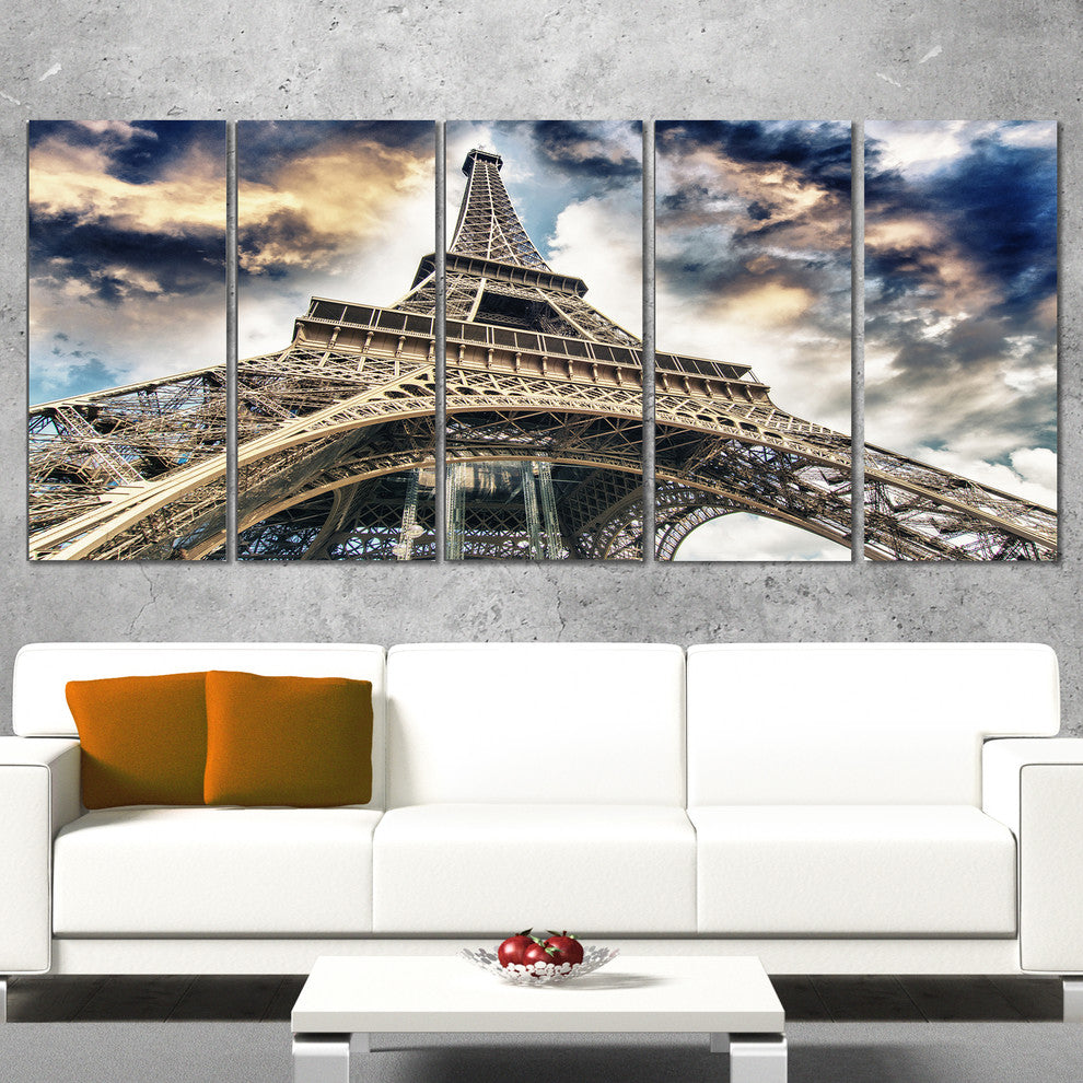 "The Paris Eiffel Tower View From Ground" Cityscape Wall Art, 60"x28", 5-Panels