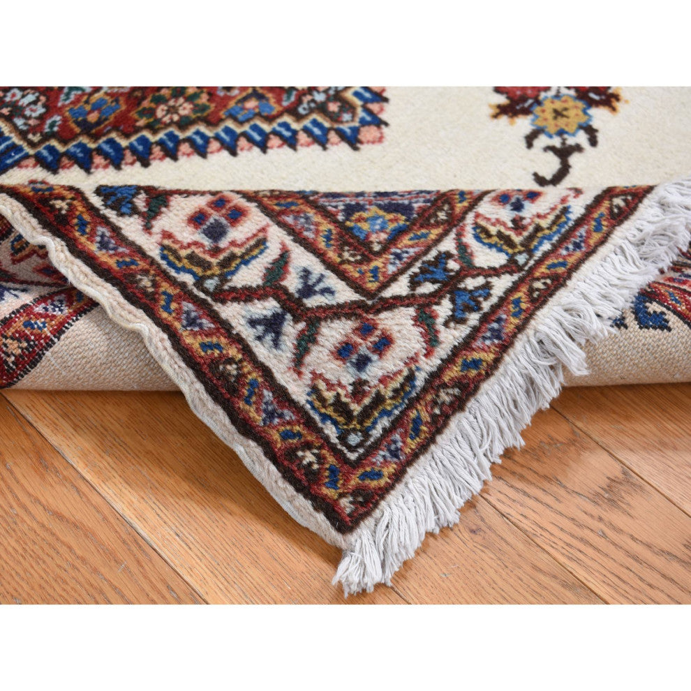 Ivory New Bohemian Karabakh Pure Wool Hand Knotted Rug 3'3" x 4'3"