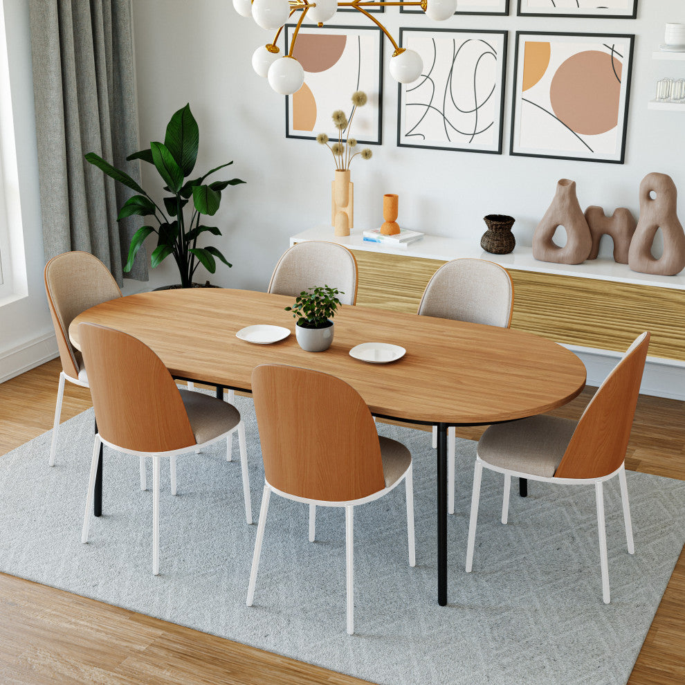 LeisureMod Tule Dining Chair With Upholstered Seat and White Steel Frame, Natural Wood/Beige