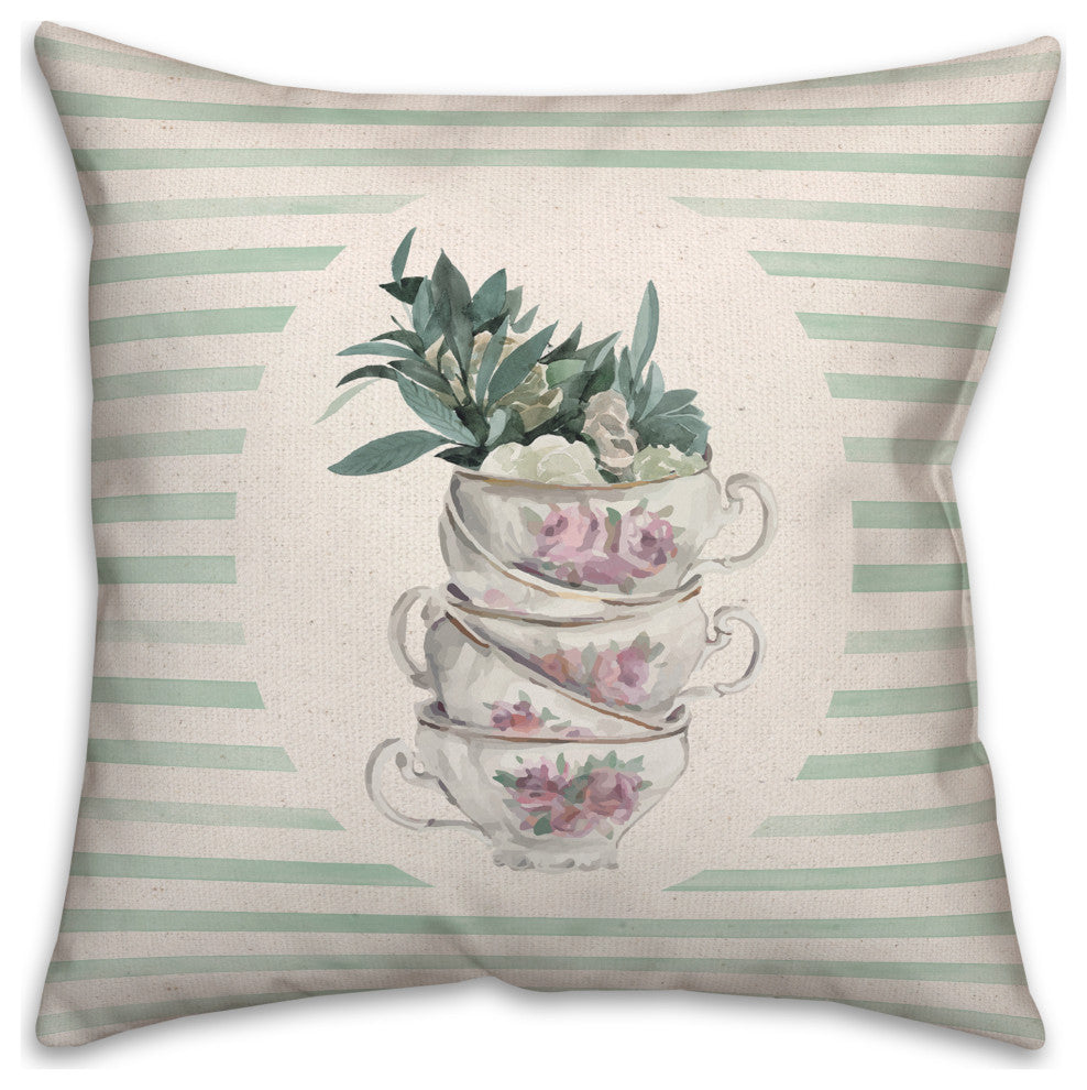 Stack Of Tea Cups Floral Stripes 3 16x16 Spun Poly Pillow