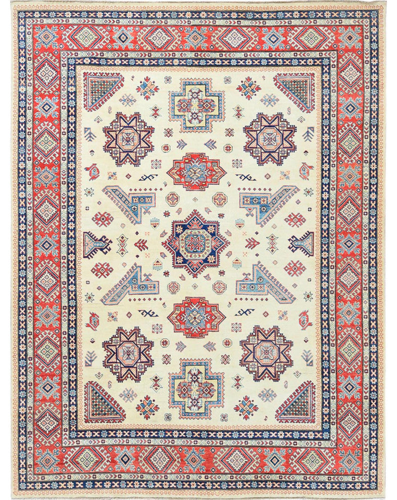 Afghan Special Kazak Shiny Wool Hand Knotted Ivory Oriental Rug 8'10" x 11'9"