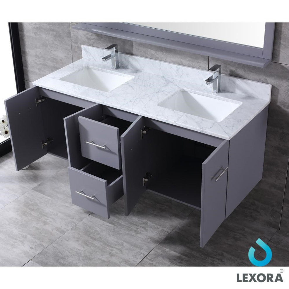Amelie 60" Dark Grey Double Vanity Carrara Marble Top Sinks and 60" Wall Mirror