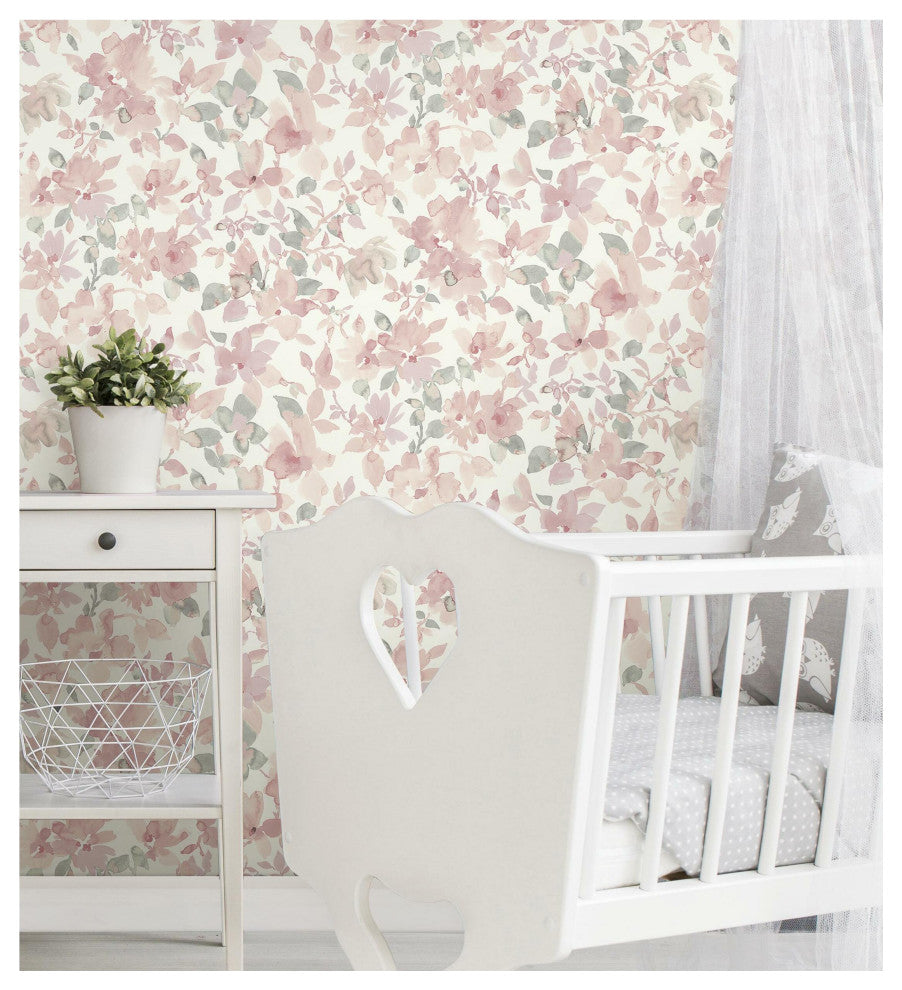 Watercolor Floral Peel and Stick Wallpaper, Pink and Green