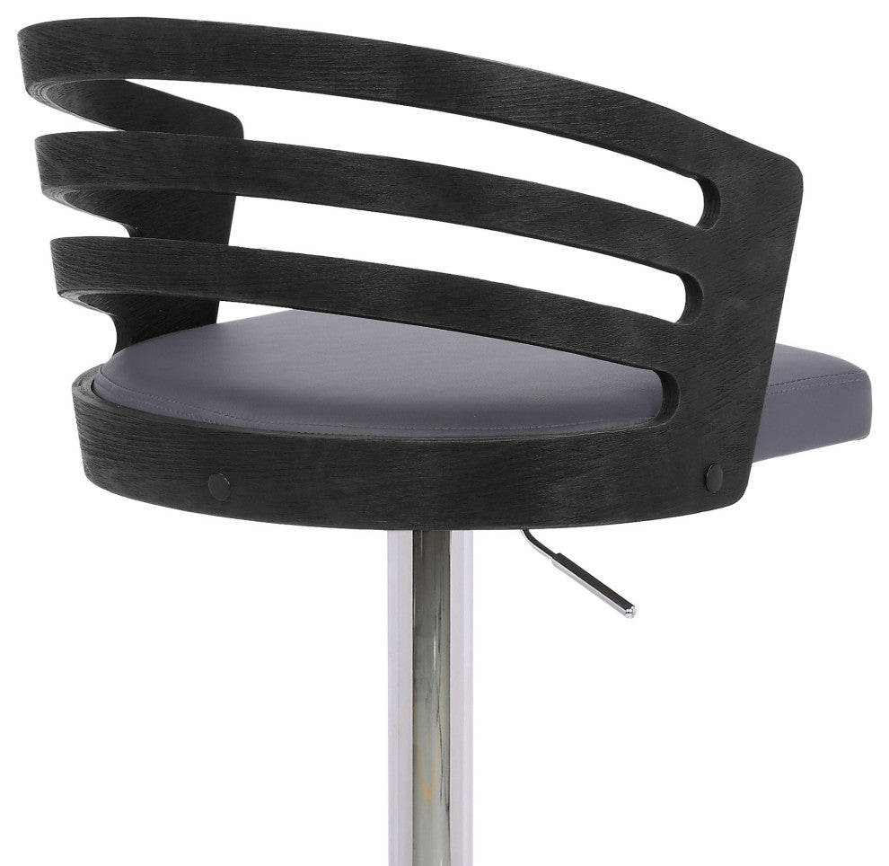 Gray Faux Leather Black Wood and Chrome Adjustable Swivel Bar Stool