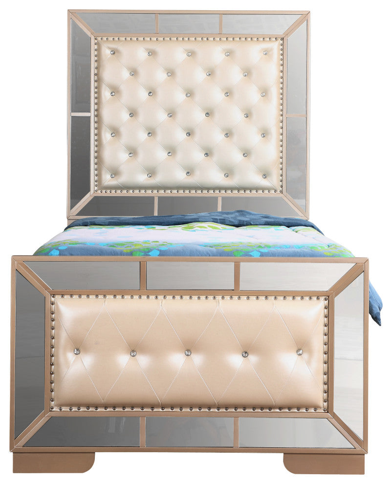 Galera Tufted and Mirrored Bed, Pearl, Twin