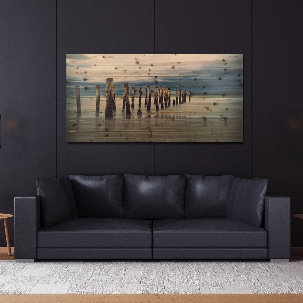 "Low Tide" Beach Side Wall Art Giclee Printed On Solid Fir Wood Planks