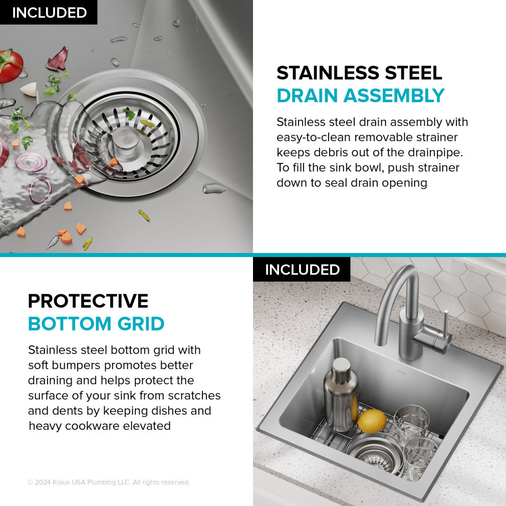 KRAUS Fairlane 15" Drop, / Top Mount 1-Bowl Stainless Steel Kitchen Sink