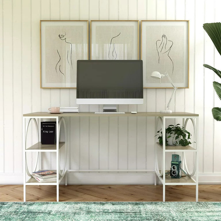 Contemporary Desk, Large Top & Open Shelves With Circular Accents, Pale Oak
