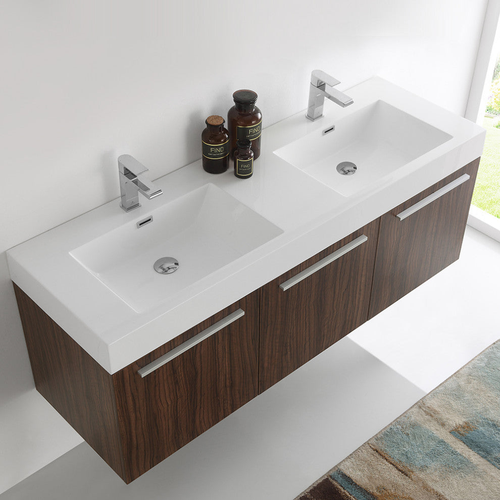 Fresca Vista 60" Walnut Wall Hung Double Sink Cabinet With Integrated Sink