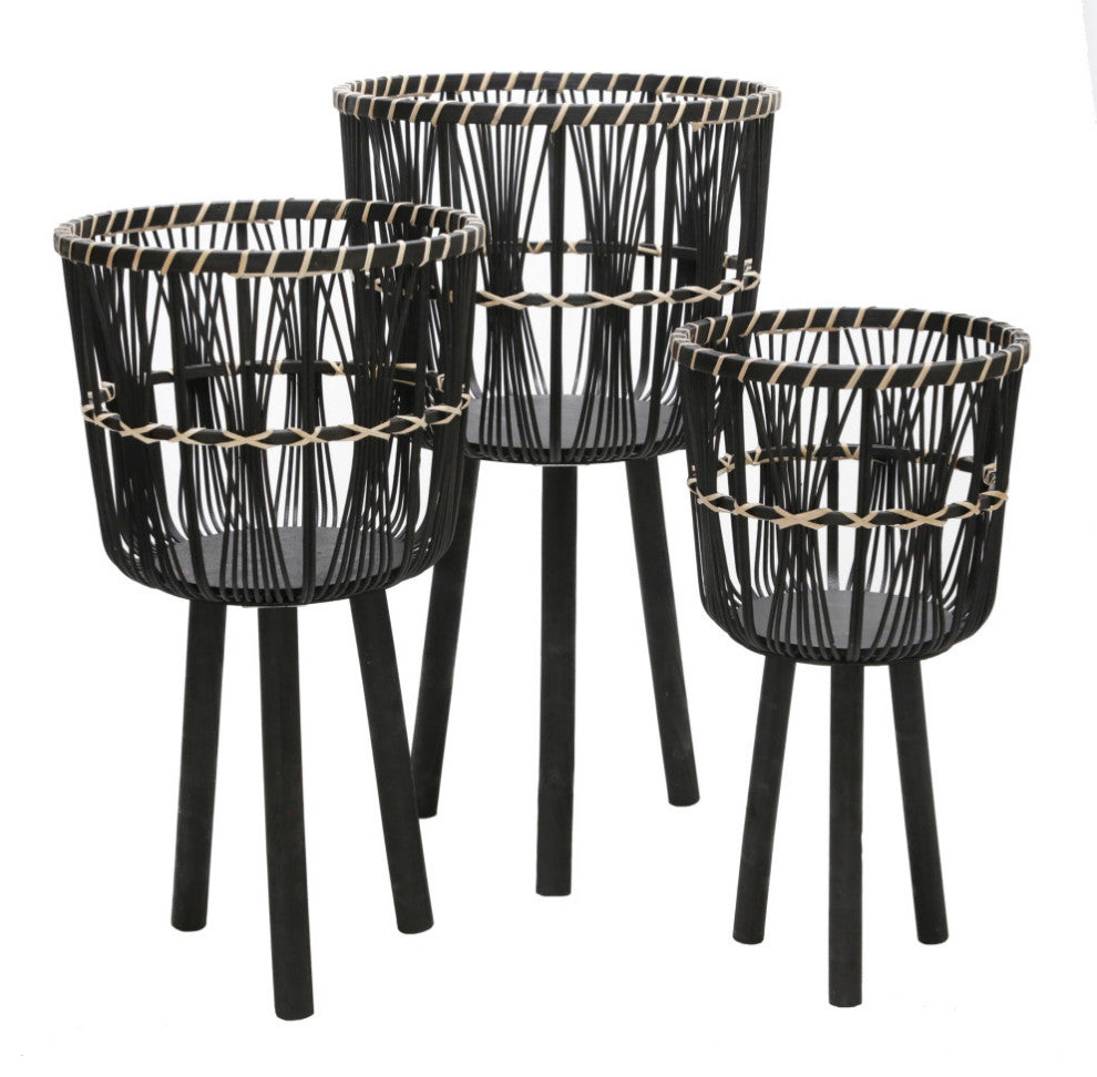 3-Piece Set Bamboo Planters, Black